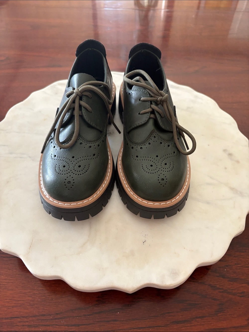 Olive Green Brogue Lace-Up Chunky Sole Shoes